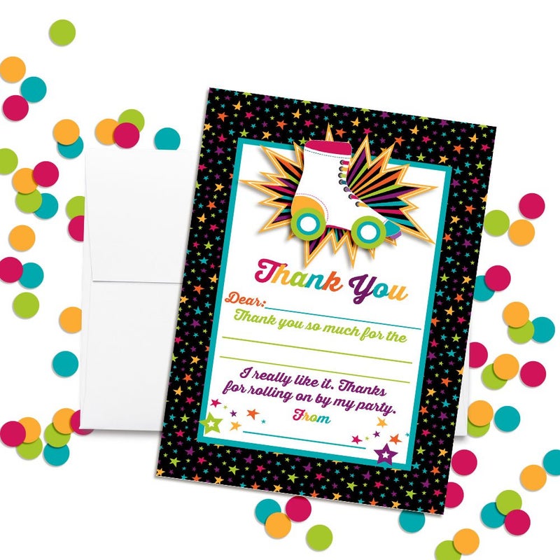 Amanda Creation Roller Skating Themed Thank You Notes for Kids, Ten 4" x 5.5" Fill In The Blank Cards with 10 White Envelopes by AmandaCreation - Image 3